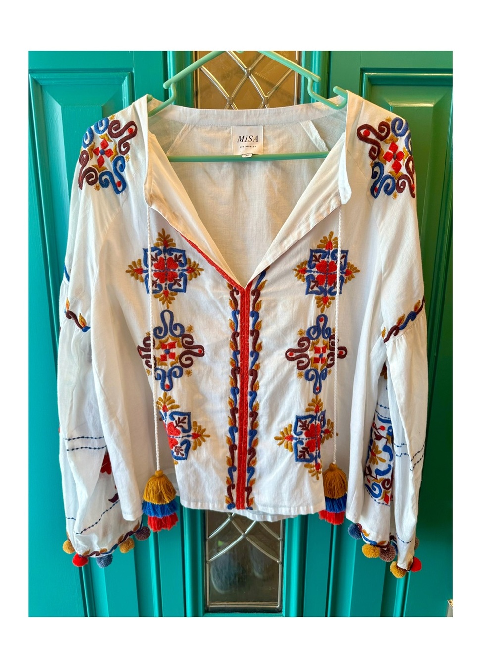 Misa Los Angeles White Open V-neck Long Sleeve Top With Embroidery